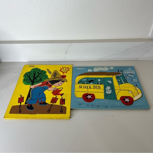 Vintage Playskool Wooden Puzzles School Bus and Farmer - Picture 1 of 8